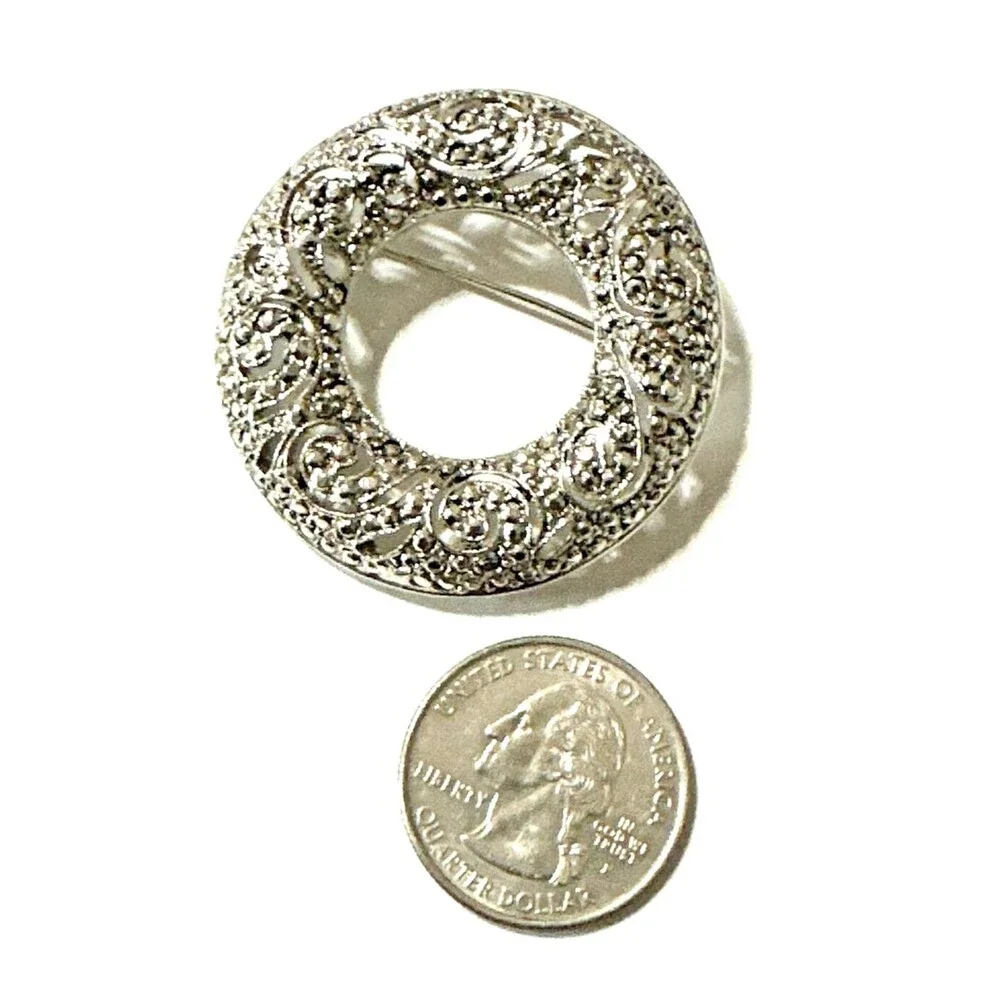 Vintage Liz Claiborne First Issue Filigree Brooch Faux Marcasite Silver Tone Pin